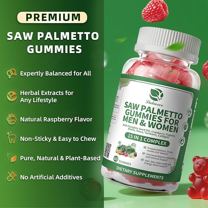 15 in 1 Saw Palmetto for Men & Women, 500mg Saw Palmetto Extract Gummies, Prostate Health Supplements for Men, Unisex DHT Blocker, for Hair, Urinary Wellness, Hormonal, Energy Support, 2 Pack