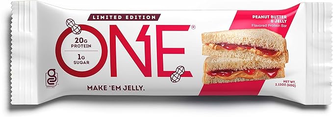 ONE Protein Bars, Peanut Butter & Jelly, Gluten Free with 20g Protein and 1g Sugar, Pantry Staples, 2.12 oz (12 Count)