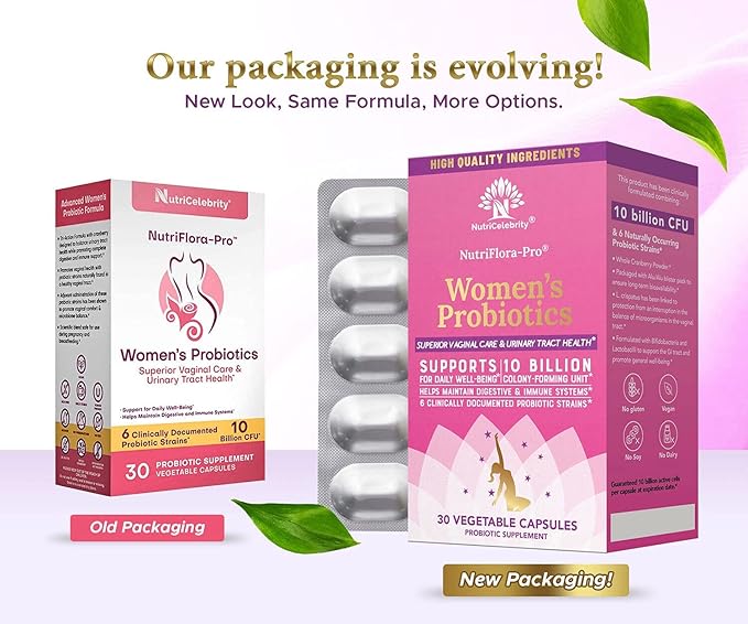 Nutricelebrity NutriFlora-Pro Probiotics for Women - Support Vaginal, Urinary Health, Immune System Digestive System Support, Cranberry Pills Supplement, 10 Billion CFU 6 Strains (30 Caps) - 2 Pack