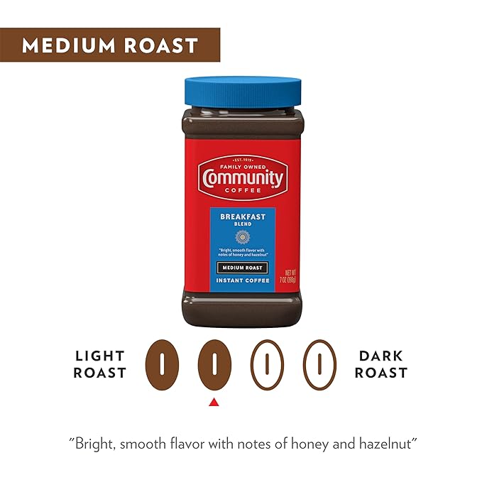 Community Coffee Breakfast Blend Instant Coffee, Medium Roast, 7 oz Jar (Pack of 4)