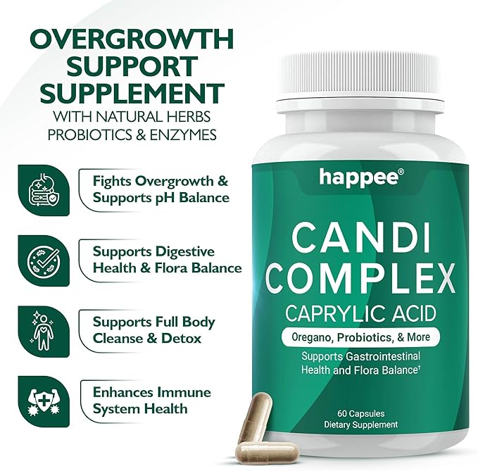 Candida Cleanse - Candida Complex Anti Overgrowth Support with Caprylic Acid, Oregano & Probiotics for Yeast Balance – Supports Gut Health, Digestion & Immune Function – 60 Capsules