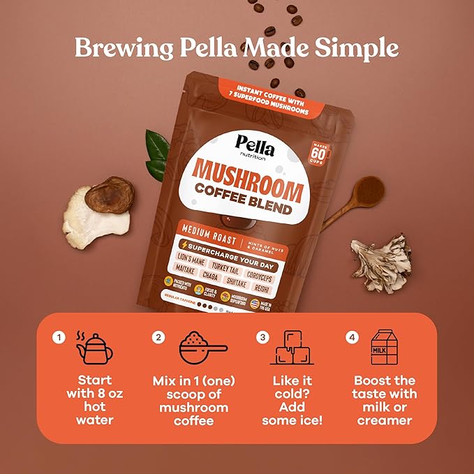 Pella Nutrition Organic Mushroom Instant Coffee (60 Servings) with 7 Superfood Mushrooms, Great Tasting, Includes Lion's Mane, Reishi, Chaga, Cordyceps, Shiitake, Maitake, and Turkey Tail
