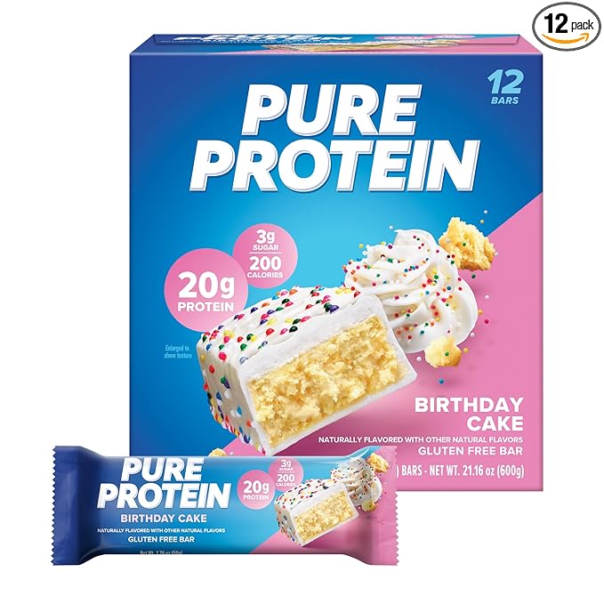 Pure Protein Bars, High Protein, Nutritious Snacks to Support Energy, Low Sugar, Gluten Free, Birthday Cake, 1.76 oz, Pack of 12 (Packaging May Vary)