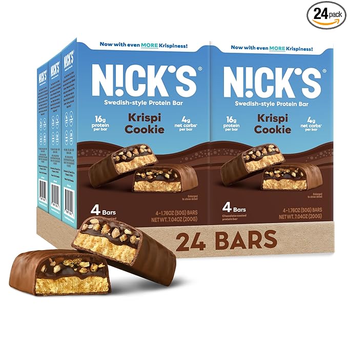 Nick's Protein Bars Krispy Cookie | 16g protein | 210 calories | Low Carb Keto Friendly Snacks No Added Sugar (Multipack 24 bars x 50g)
