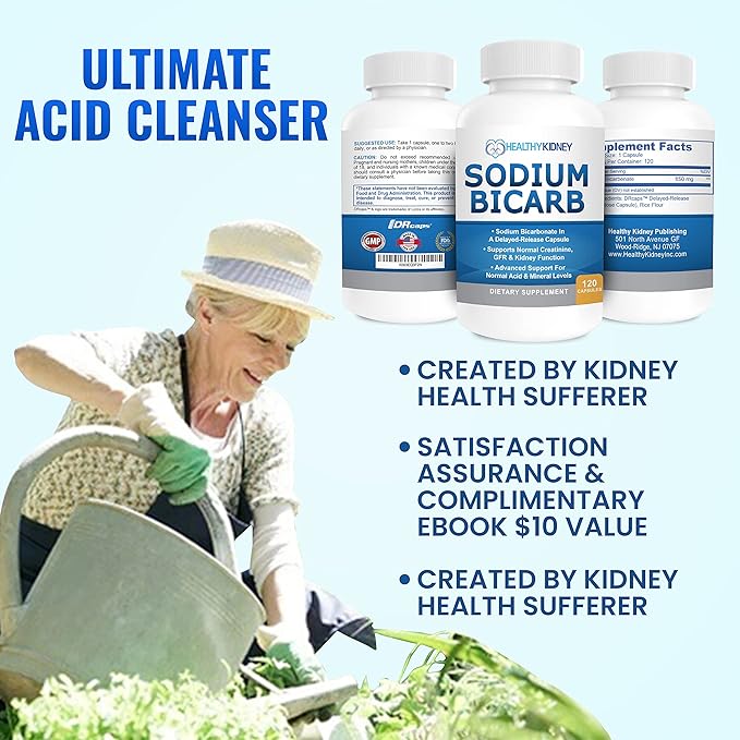 Sodium Bicarbonate 650mg Capsules Delayed Release for Supporting Normal Kidney Function & Kidney Health Supplement. Sodium Bicarbonate Designed for Kidney Support, Acid Relief, Alkalinity 120 Pills