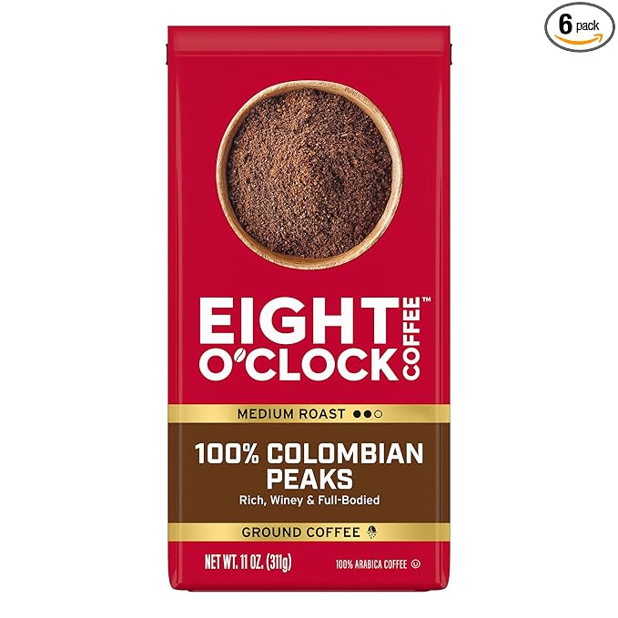 Eight O'Clock Coffee 100% Colombian Peaks & Arabica, 11 Ounce (Pack of 6) Medium Roast Ground Coffee, Rich & Winey