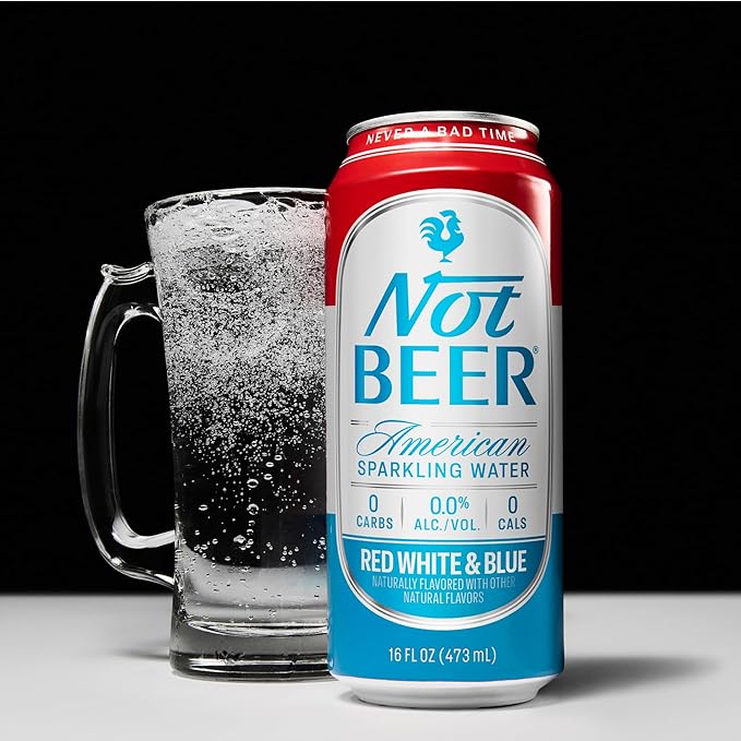 Not Beer American Sparkling Water, Red White & Blue, 99.9% Pure, Mineral & Electrolyte Blend, Carbonated Soda Water, Made in America, 16 Oz Tallboy Cans, 8 Pack