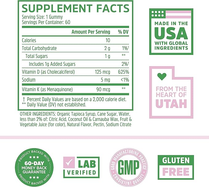 Zhou D3+K2 - Vitamin D3 K2 Supplement for Women & Men, Immune Support Vit D3 and K2 Gummy, Gelatin Free Formula with 5000 IU of D3 and MK-7 - 60 Veggie Gummies (Pack of 1)