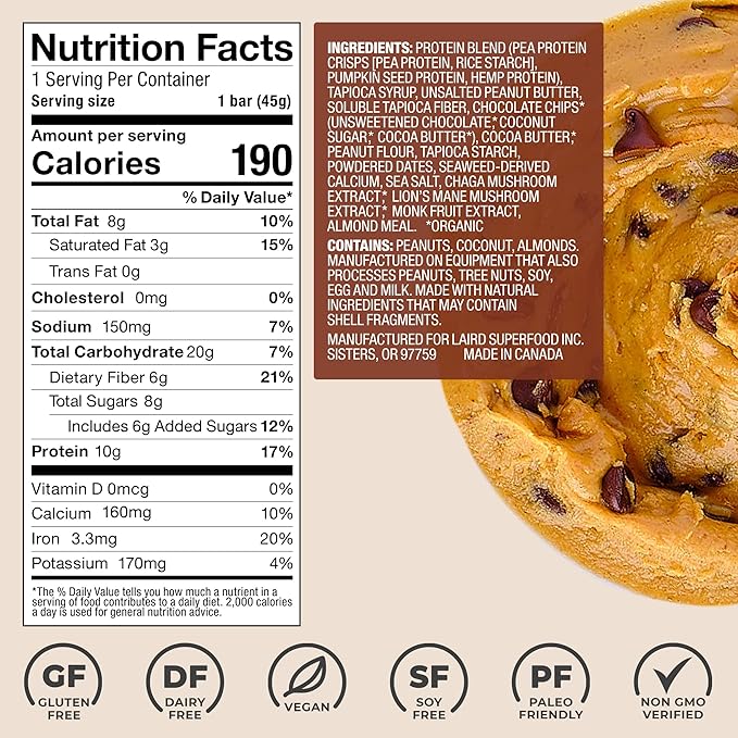 Laird Superfood Functional Protein Bars – Protein Bar but Better with Real Ingredients, Functional Mushrooms 10g Plant-Based Protein, 6g Fiber - Non-GMO - Peanut Butter Chocolate Chip, 10 Count (Pack of 1)