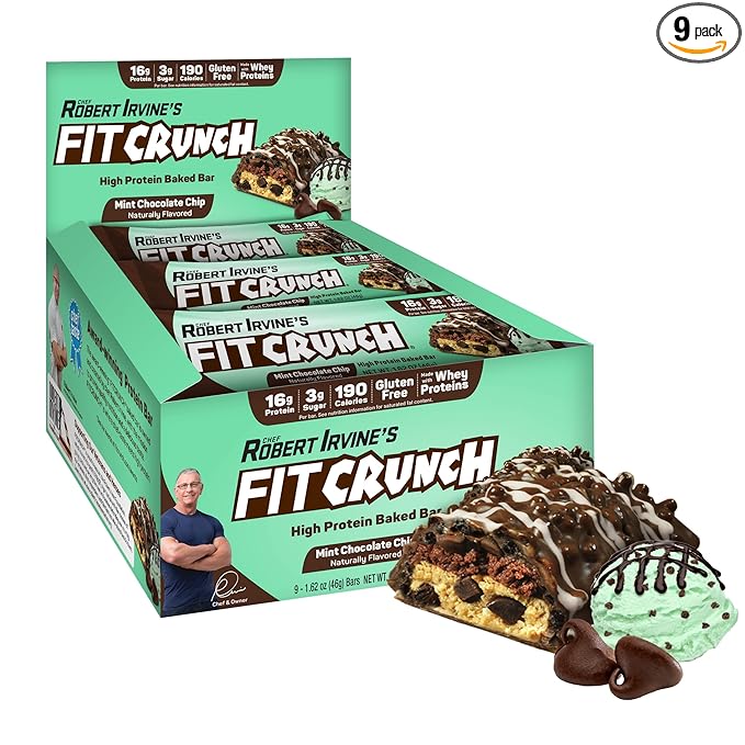 FITCRUNCH Snack Size Protein Bars, 6-Layer Baked Bar, 3g of Sugar, Gluten Free & Soft Cake Core (9 Bars, Mint Chocolate Chip)