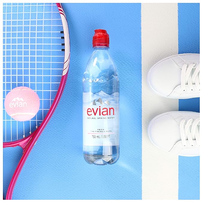 evian Natural Spring Water, 750 ml (25.36 fluid ounce) Water Bottle with Sports Cap, 12 Pack