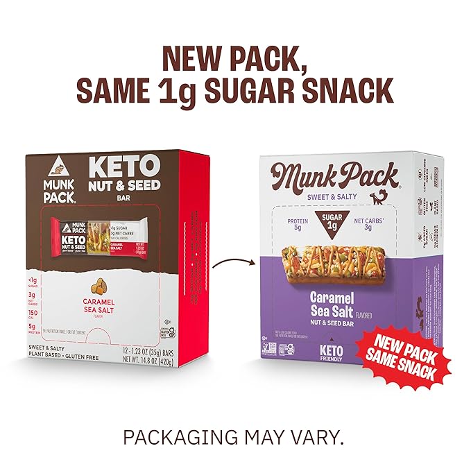 Munk Pack Keto Snack Bars, Caramel Sea Salt - Low Carb Nut Bar with 5g Protein, 1g Sugar with Allulose - Gluten Free & Low Glycemic - 24 Count
