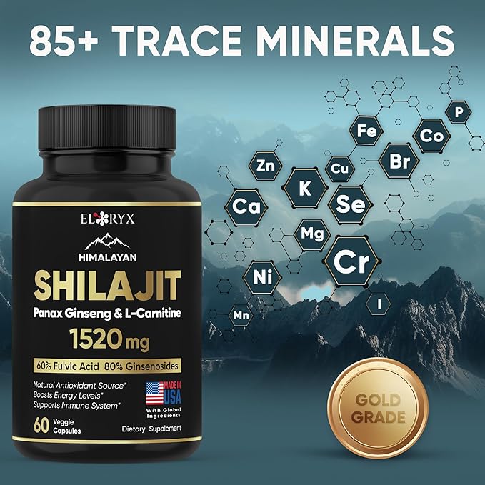 Pure Himalayan Shilajit Supplement 60 Capsules 60% Fulvic 85+ Trace