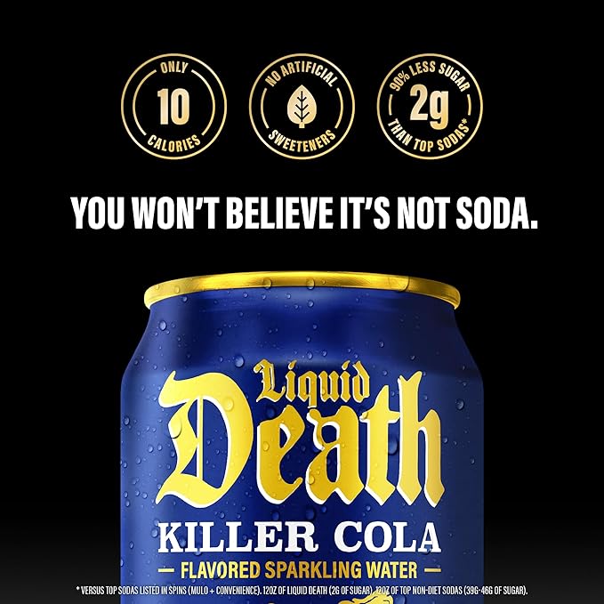 Liquid Death, Killer Cola, Soda-Flavored Sparkling Water, 12-Pack (12oz Cans), Low Calorie & No Artificial Sweeteners