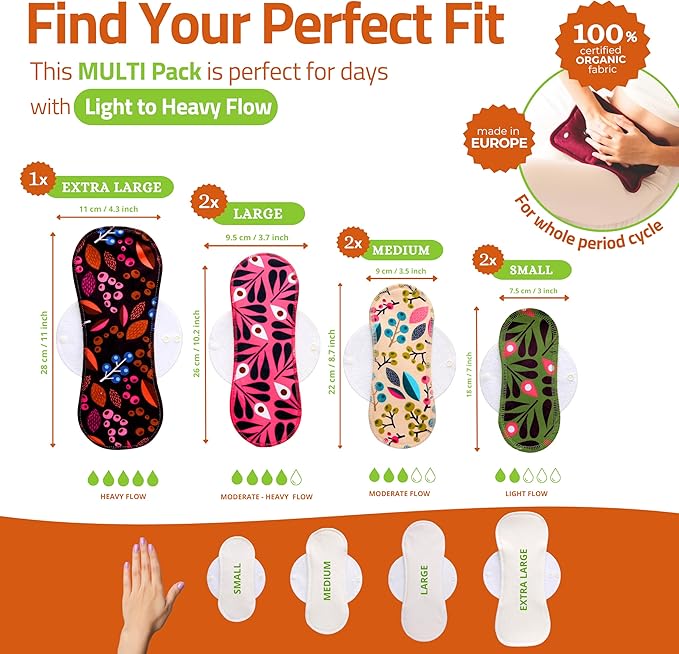 Organic Cotton Reusable Period Pads 7-Pack); High-Temp