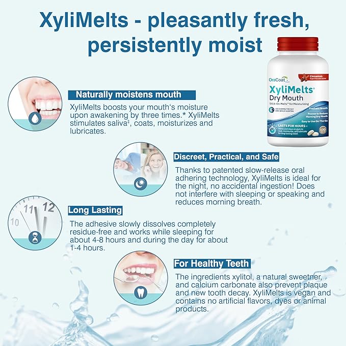 OraCoat XyliMelts Dry Mouth Relief Moisturizing Stick-On-Melts with Xylitol, 100 Count, Cinnamon, Helps Stimulate Saliva for Dry Mouth, Non-Acidic, Day & Night Use, Time Release for Up to 8-Hour
