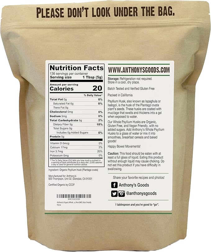 Anthony's Organic Whole Psyllium Husks, 1.5