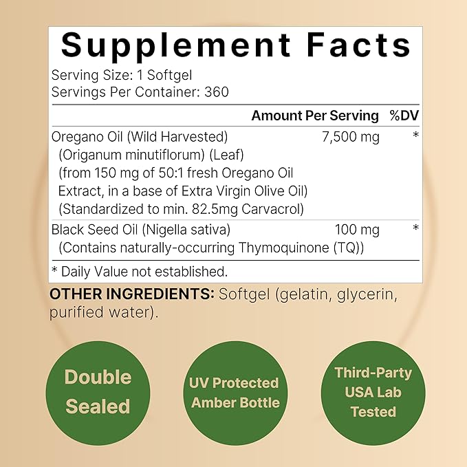 NatureBell Oregano Oil 7,500mg with Black 360 Softgels 360-day Supply