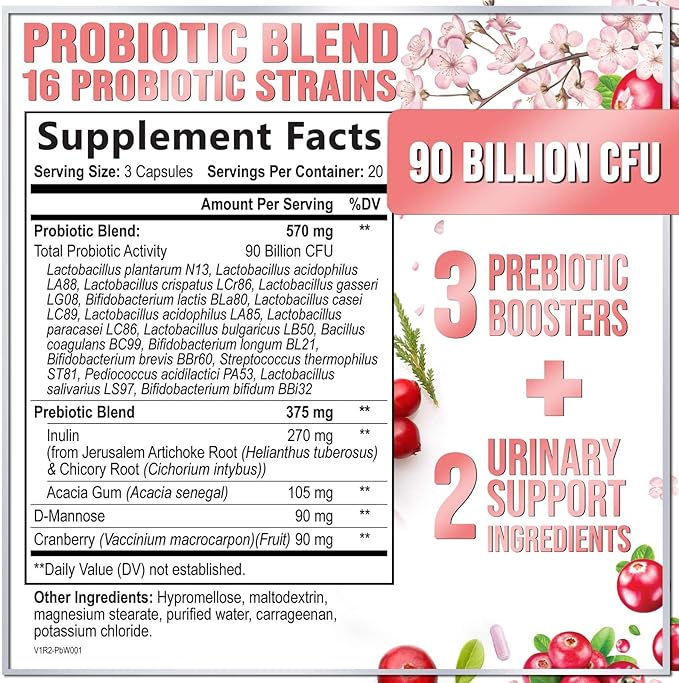 Probiotics for Women 90 Billion CFU, 16 Probiotic Strains with Cranberry, D-Mannose & Prebiotics, for Feminine PH Balance, Vaginal Odor & Digestive Health, Immune Support, Shelf Stable - 60 Capsules