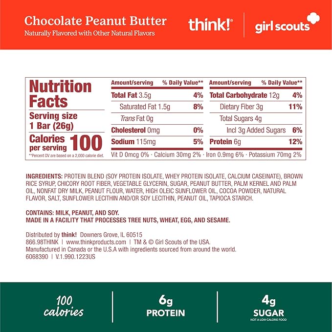 think! Minis Protein Snack Bar, Gluten Free, Girl Scouts Chocolate Peanut Butter, 15 Count