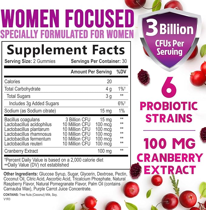 Probiotic Gummy for Women - Digestive Health Support, 3 Billion CFU Womens Probiotic for Vaginal pH, Urinary & Immune Support, 6 Diverse Strains w/ Cranberry, Non-GMO Probiotics - 60 Gummies