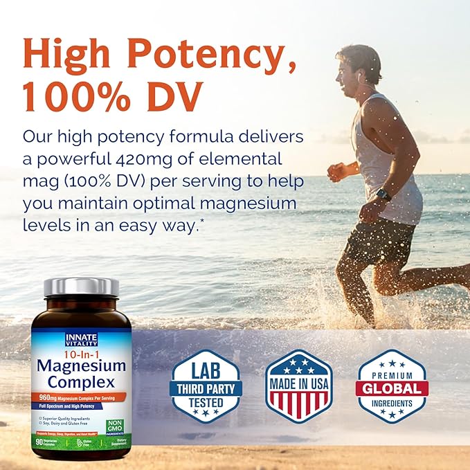 Innate Vitality 10-in-1 Magnesium Complex, 420mg Elemental Mag per Serving, 100% DV, High Potency, Full Spectrum, Non-GMO, Digestion, Energy Support, 90 Vegan Caps