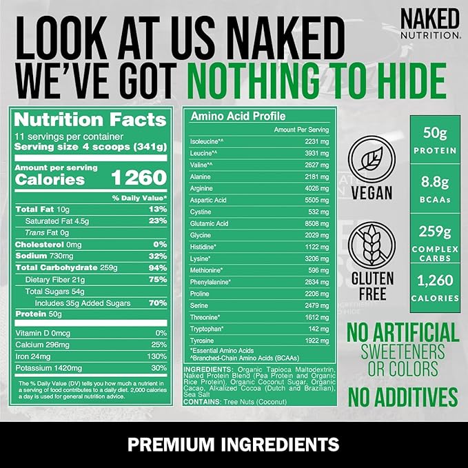 NAKED Double Chocolate Vegan Mass 1,260 Calories, 50G Protein, 8Lb Bulk,