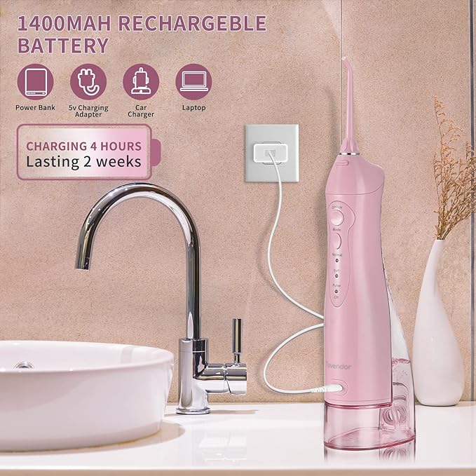 TOVENDOR Electric Water Flosser, Rechargeable Dental 3 Modes, 5 Tips (300ML, IPX7Waterproof IPX7Waterproof Waterflosser)