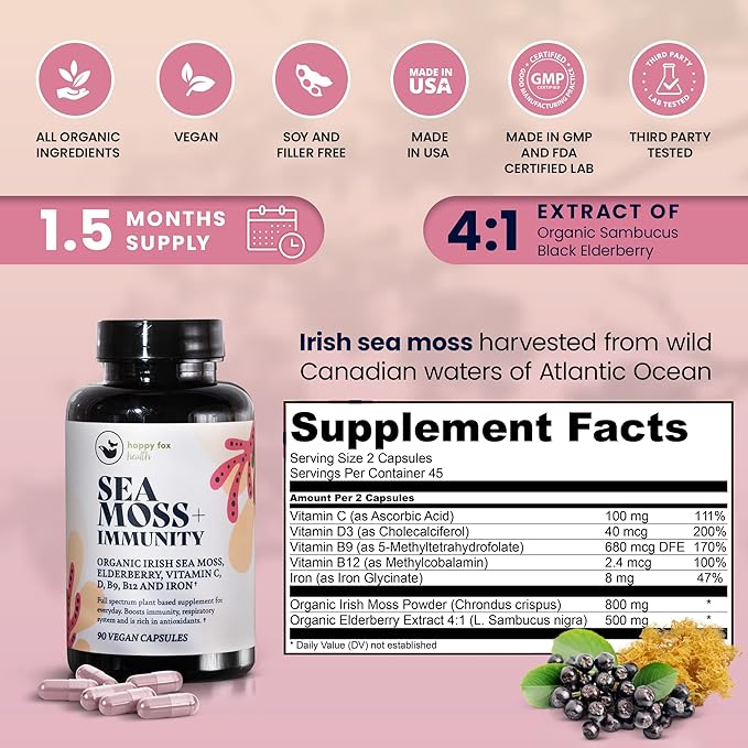 Irish Sea Moss Capsules & Sambucus D3, B9, B9, B12, B12, Iron