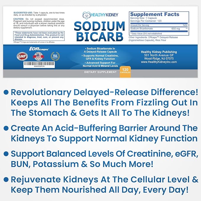 Sodium Bicarbonate 650mg Capsules Delayed Release for Supporting Normal Kidney Function & Kidney Health Supplement. Sodium Bicarbonate Designed for Kidney Support, Acid Relief, Alkalinity 120 Pills