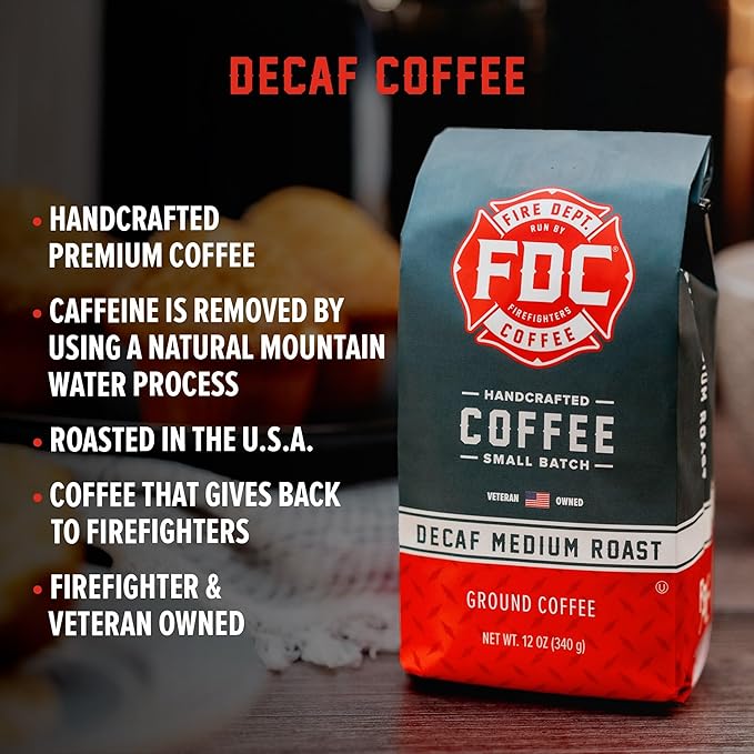 Fire Department Coffee - Gives Back to Firefighters - Premium Decaf Ground Coffee - Roasted in the USA - Decaffeinated Using Natural Mountain Water - Veteran Owned - 12 oz
