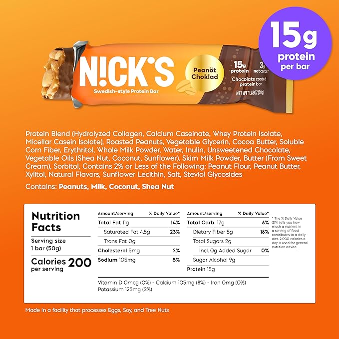 NICKS Protein Bars Chocolate Peanut | 15g protein | 200 calories | Low Carb Keto Friendly Snacks No Added Sugar (Multipack 12 bars x 50g)