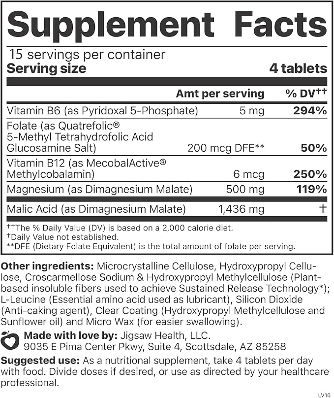 Jigsaw Health MagSRT | Magnesium Supplement with Vitamin B6, Folate & B12 | 60 Tablets | 15 Servings