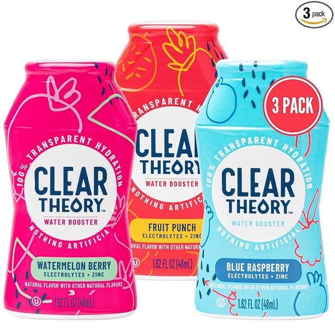 Clear Theory Water Flavoring Drops, Electrolytes Drink Mix, Water Enhancer Liquid, Flavored Hydration for Kids, Vegan, Gluten Free, Low Calories, Stevia, Variety Pack, 3 Pack, 1.62 Fl Oz Bottles