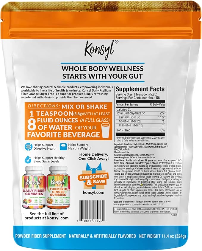 Konsyl Daily Fiber Orange Sugar-Free 100% Natural Psyllium Husk Powder