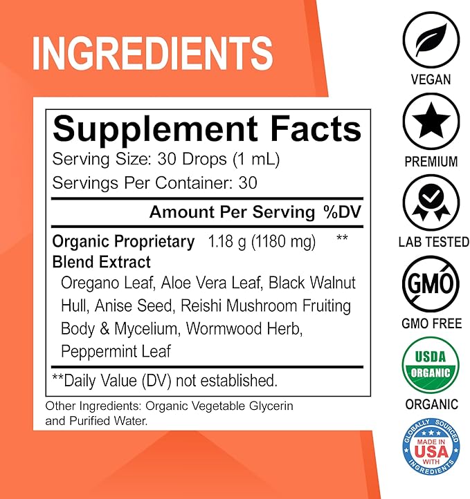 Candi Cleanse Support Supplement Drops - Organic Oregano Oil Drops Liquid & Black Walnut Wormwood - Extra Strength Overgrowth Balance Complex, Natural Oral Gut Cleanser Detox Health Supplements 1 oz