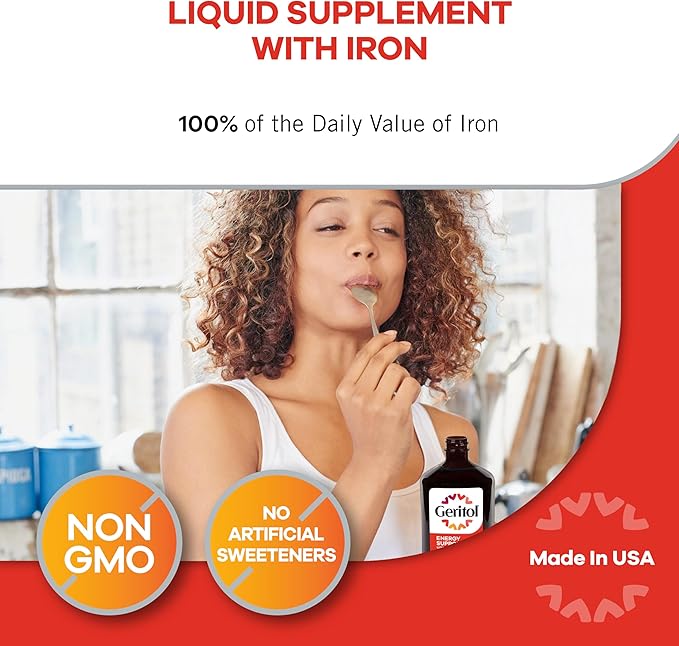 Geritol Liquid Vitamin and Iron Supplement, Energy Support, Contains High Potency B-Vitamins and Iron, Pleasant Tasting, Easy to Swallow, No Artificial Sweeteners, Non-GMO, 12 Oz, 3 Pack