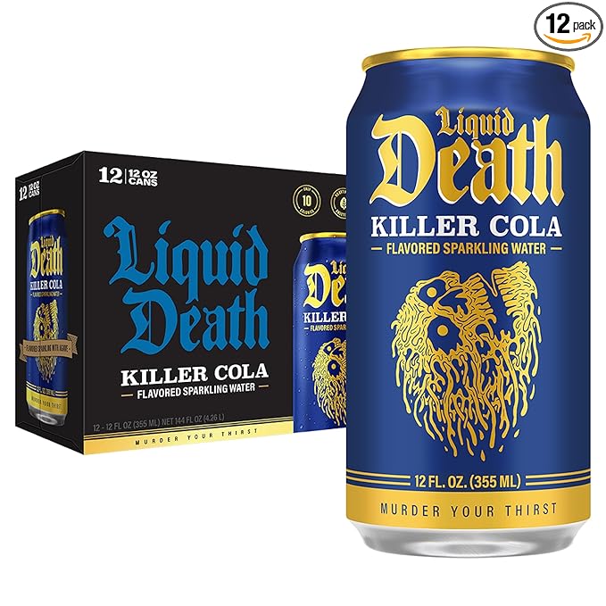 Liquid Death, Killer Cola, Soda-Flavored Sparkling Water, 12-Pack (12oz Cans), Low Calorie & No Artificial Sweeteners