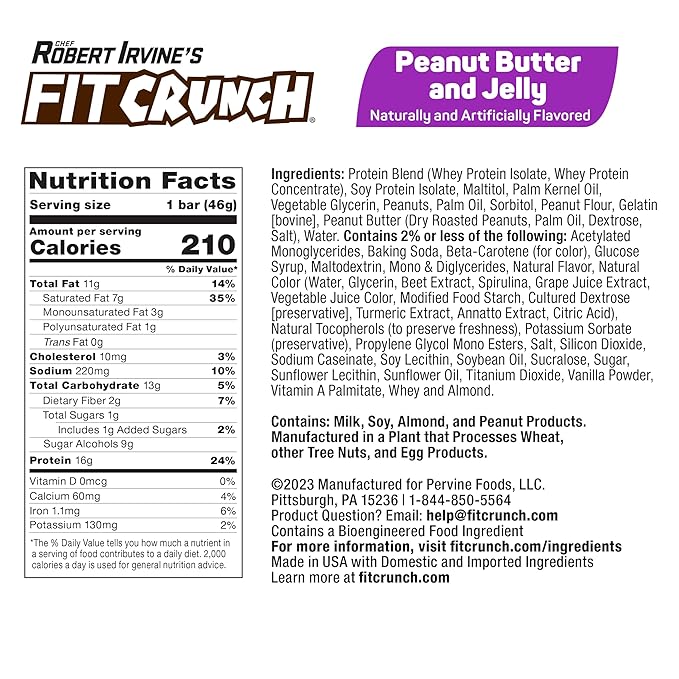 FITCRUNCH Snack Size Protein Bars, Designed by Robert Irvine, 6-Layer Baked Bar, 1g of Sugar, Gluten Free & Soft Cake Core (9 Bars, Peanut Butter and Jelly)