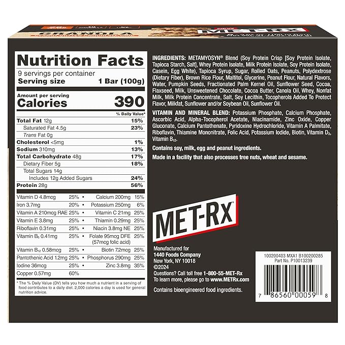 MET-Rx Big 100 Granola Protein Bar, Meal Replacement Bar, 32G Protein,Peanut Butter Chocolate Chip, Pack of 9