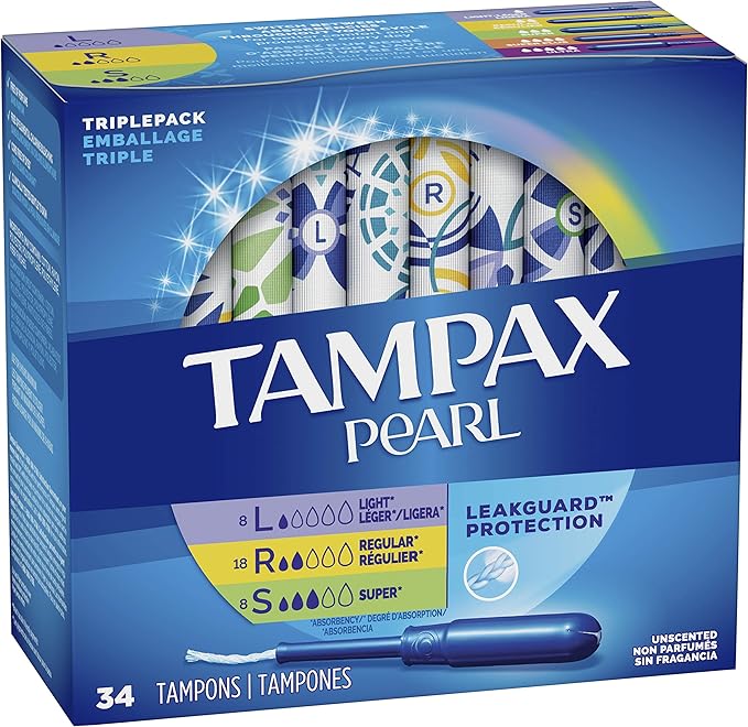 Tampax Pearl Tampons Multipack, Light/Regular/Super Absorbency, 34 Count 6 Packs (204 Count