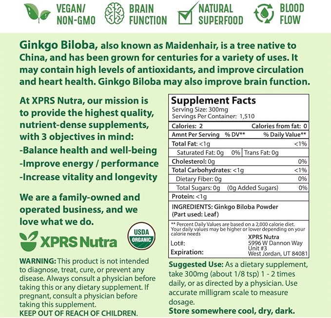 XPRS Nutra Organic Ginkgo Biloba Powder (16 oz)