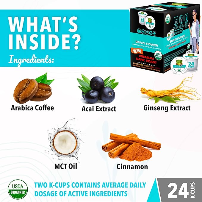 SOLLO Brain Power Dark Coffee Pods MCT & Essential nutrition, Nootropic Brain Booster, For Memory & Focus Compatible with 2.0 K-Cup Keurig Brewers, 24 Count