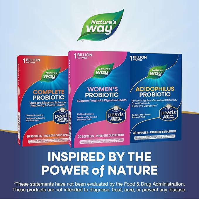 Nature's Way Women's Probiotic Pearls, Supports Vaginal and Digestive Health*, Protects Against Occasional Constipation & Bloating*, 1 Billion Live Cultures, 30 Softgels (Packaging May Vary)