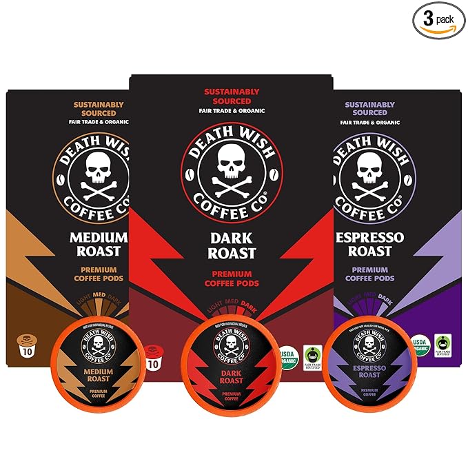 Death Wish Coffee Co., Single Serve Coffee - 10 Each of Medium, Dark, and Espresso Roast - Mixed Roast Variety Pack