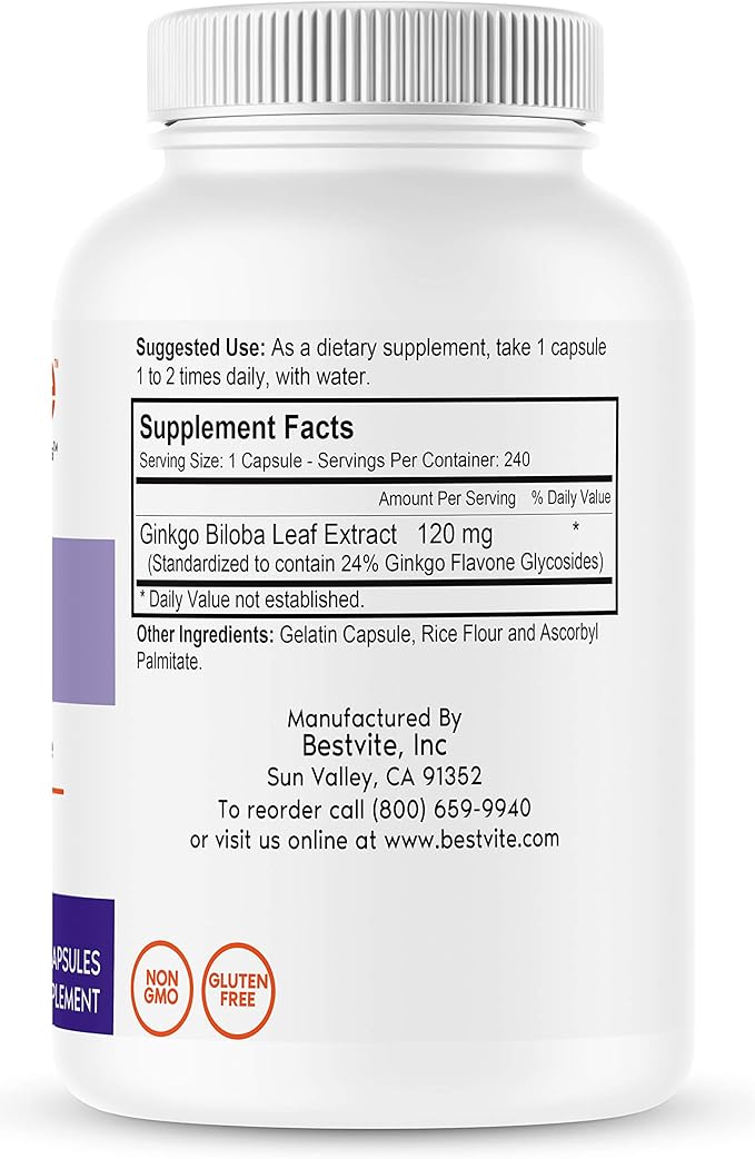 BESTVITE Ginkgo Biloba 120mg (240 Capsules) 24% Ginkgo