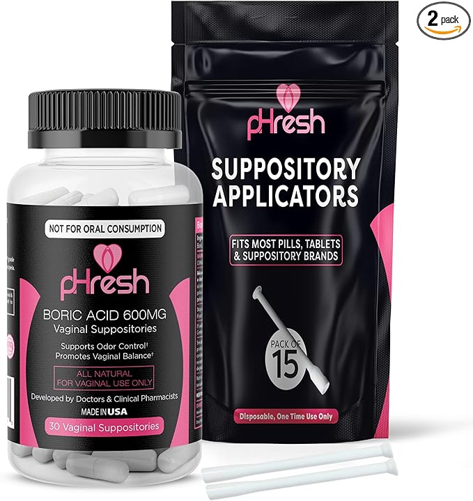 pHresh Boric Acid Vaginal Suppositories 600mg (30 Count Veggie Capsules) + 15 Vaginal Suppository Applicators - Supports Vaginal Health & Promotes Healthy pH Balance - Made in The USA