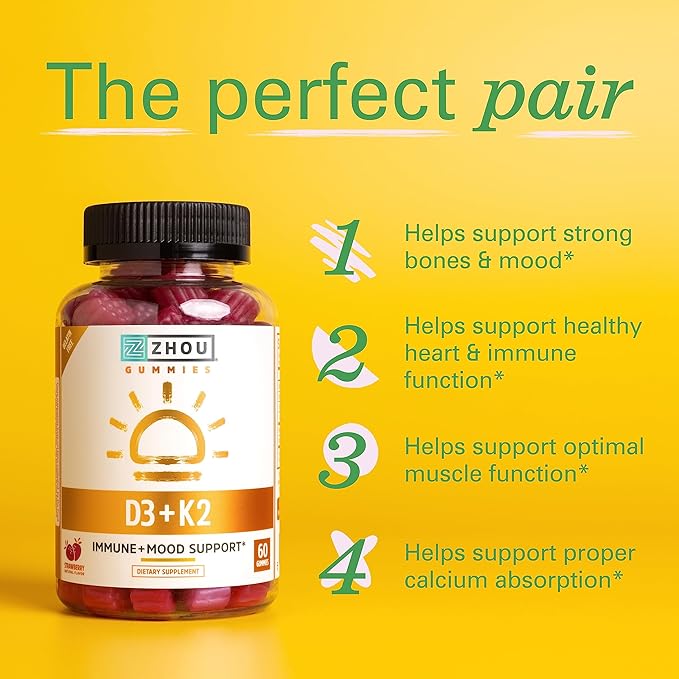 Zhou D3+K2 - Vitamin D3 K2 Supplement for Women & Men, Immune Support Vit D3 and K2 Gummy, Gelatin Free Formula with 5000 IU of D3 and MK-7 - 60 Veggie Gummies (Pack of 1)