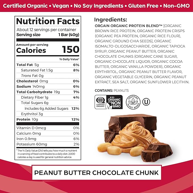 Orgain Organic Vegan Protein Bars, Peanut Butter Chocolate Chunk - 10g Plant Based Protein, Low Calorie Healthy Snacks, No Lactose or Soy Ingredients, Gluten Free, Non-GMO - 1.41 Oz (Pack of 12)