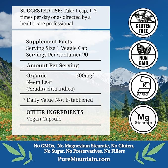 Pure Mountain Botanicals Neem Capsules 90 Kosher 500mg Organic